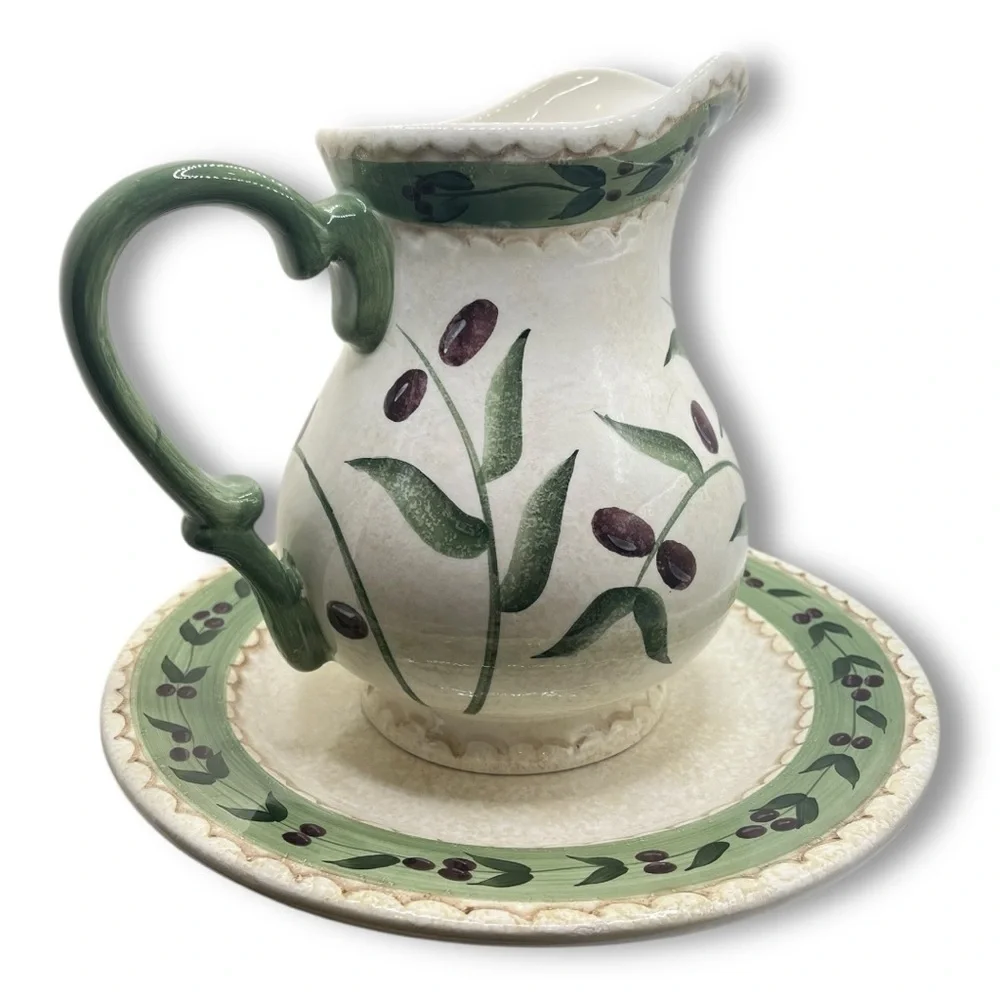 Oliveto by Oneida Vintage Stoneware Hand painted Pitcher & 11” Platter/Plate